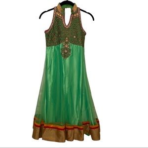 Green & Gold Sleeveless 3 Piece Indian Salwar Kameez Gown